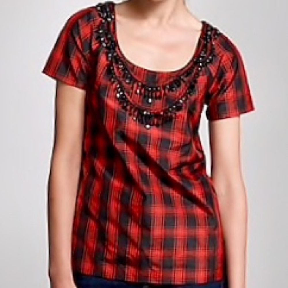 J. CREW Plaid Silk Embellished Necklace Top